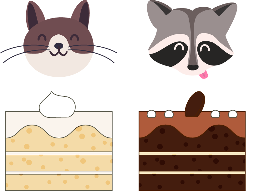 A happy cartoon cat with a slice of vanilla cake and a happy cartoon raccoon with a slice of chocolate cake